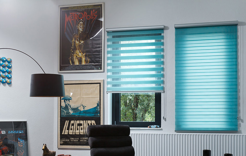 vertical teal vision blind in a lounge